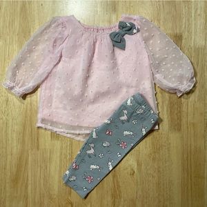 Pink Longsleeve Top with woodland animal pattern pants and matching bow on top